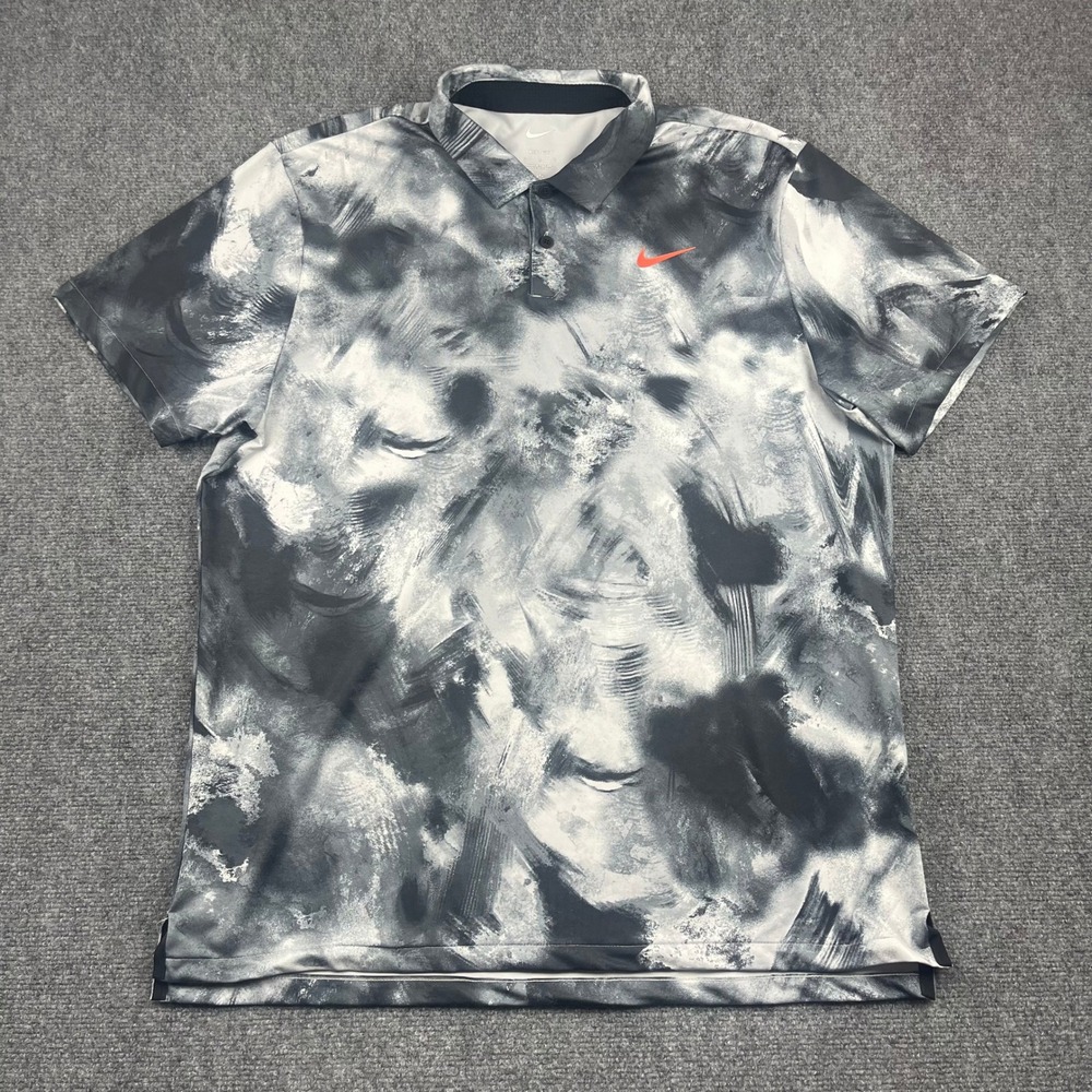 Nike Dri-FIT Mens Golf Polo Shirt Large Gray Black Abstract Brushstroke Print - Picture 1 of 7